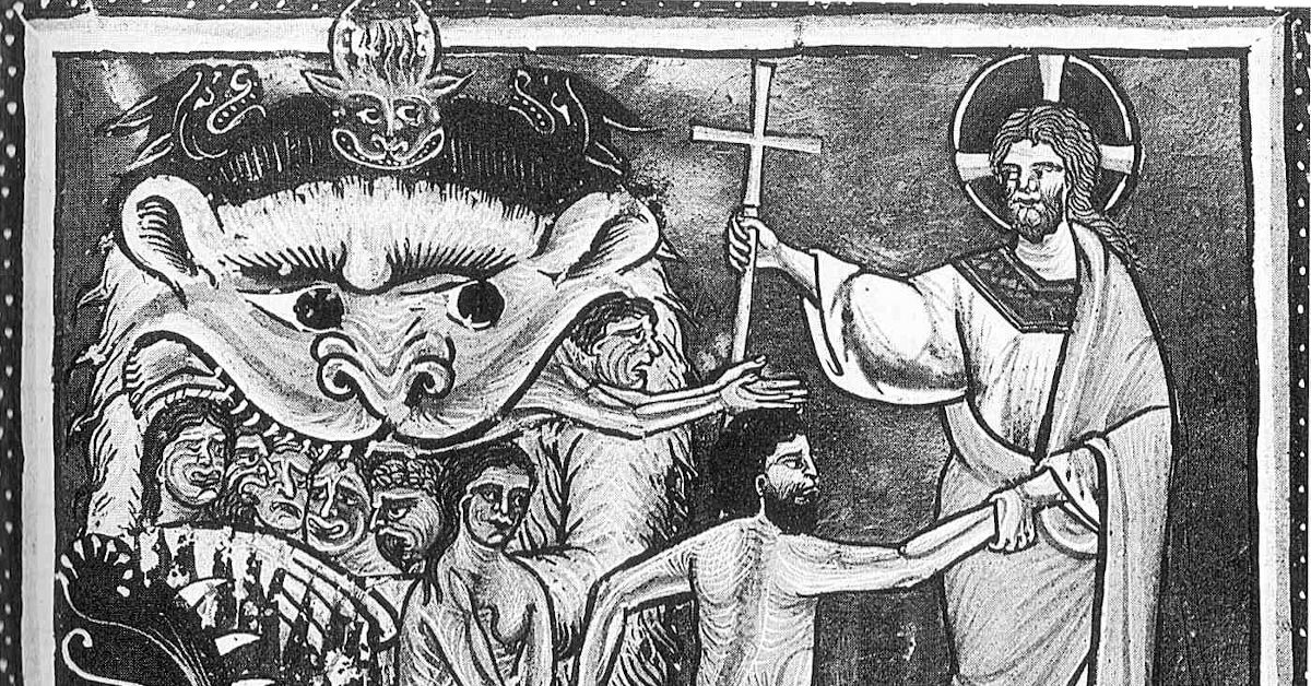 A historical illustration of Jesus Christ travelling to hell to release imprisoned humans