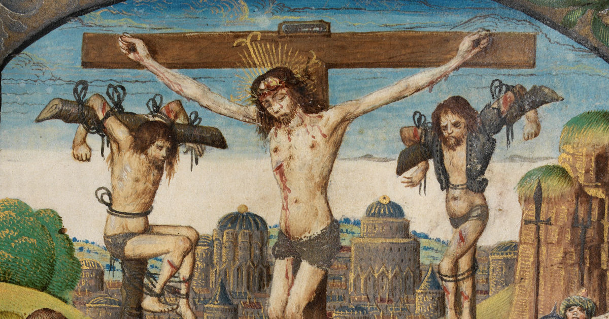 Two criminals are crucified alongside Jesus